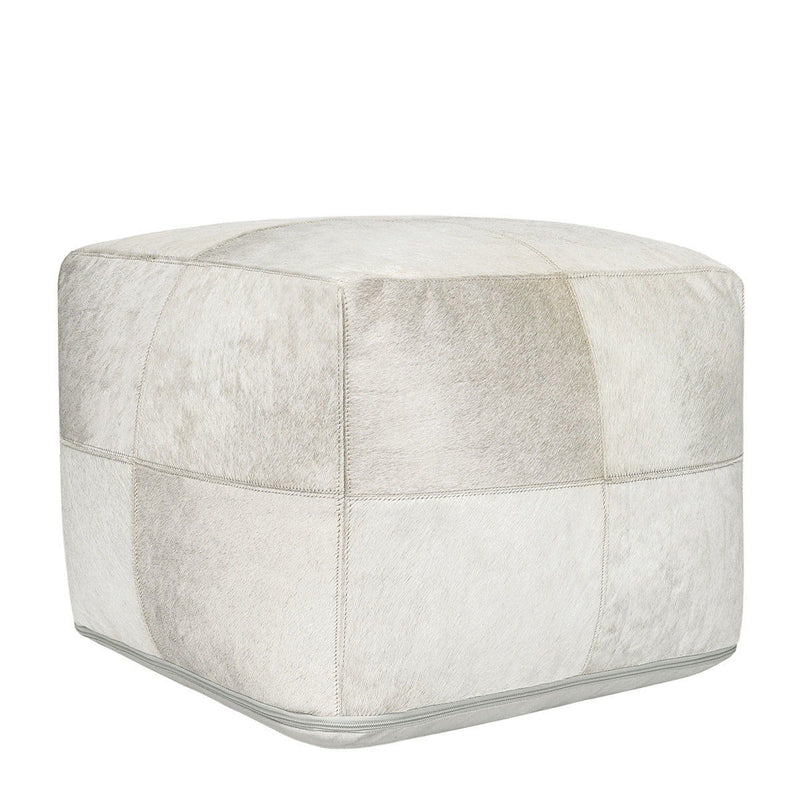 Ivory hide pouf, square-stitched panels and rounded silhouette