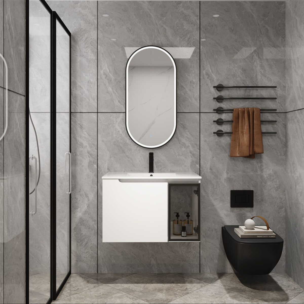 White wall-mounted bathroom vanity with integrated sink and glass-front cabinet door