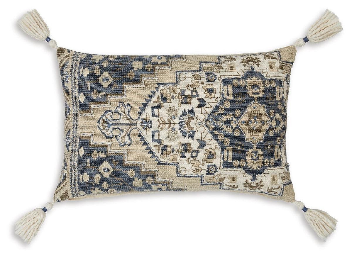 Pillow set of 4: blue/tan patterned rectangular pillow with tassel trim and white backing