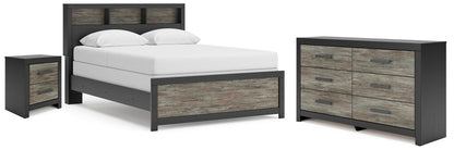 Black bedroom set with bed frame and dresser, featuring gray woodgrain drawer fronts