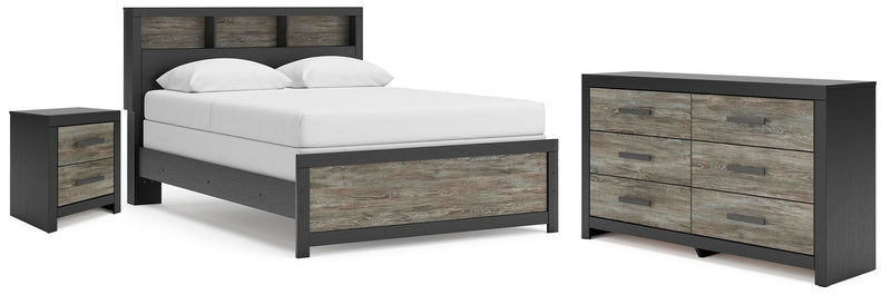 Black bedroom set with bed frame and dresser, featuring gray woodgrain drawer fronts