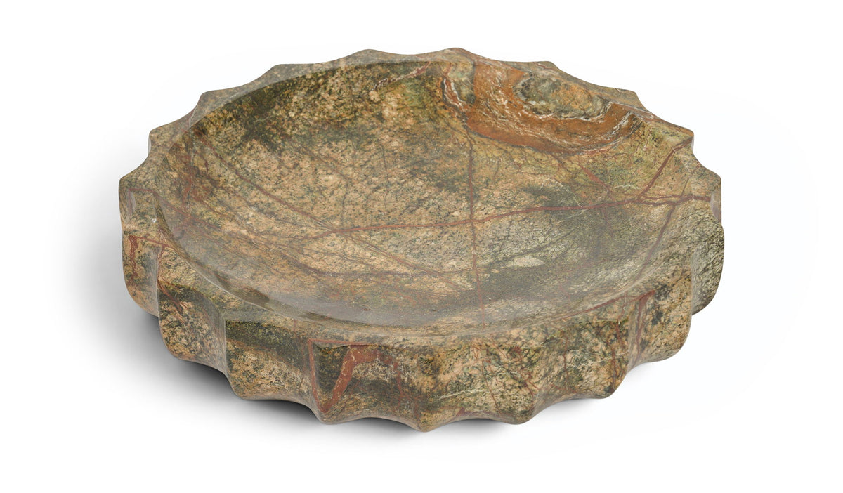 Green genuine marble bowl with multicolor veining and a scalloped rim edge