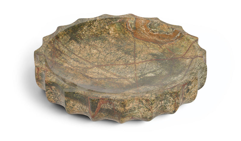 Green genuine marble bowl with multicolor veining and a scalloped rim edge