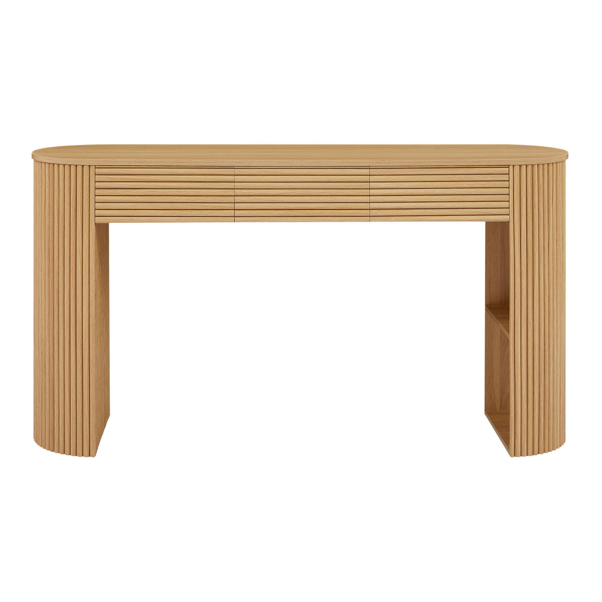 Light brown console table with ribbed legs, curved top, three drawers and open shelf.