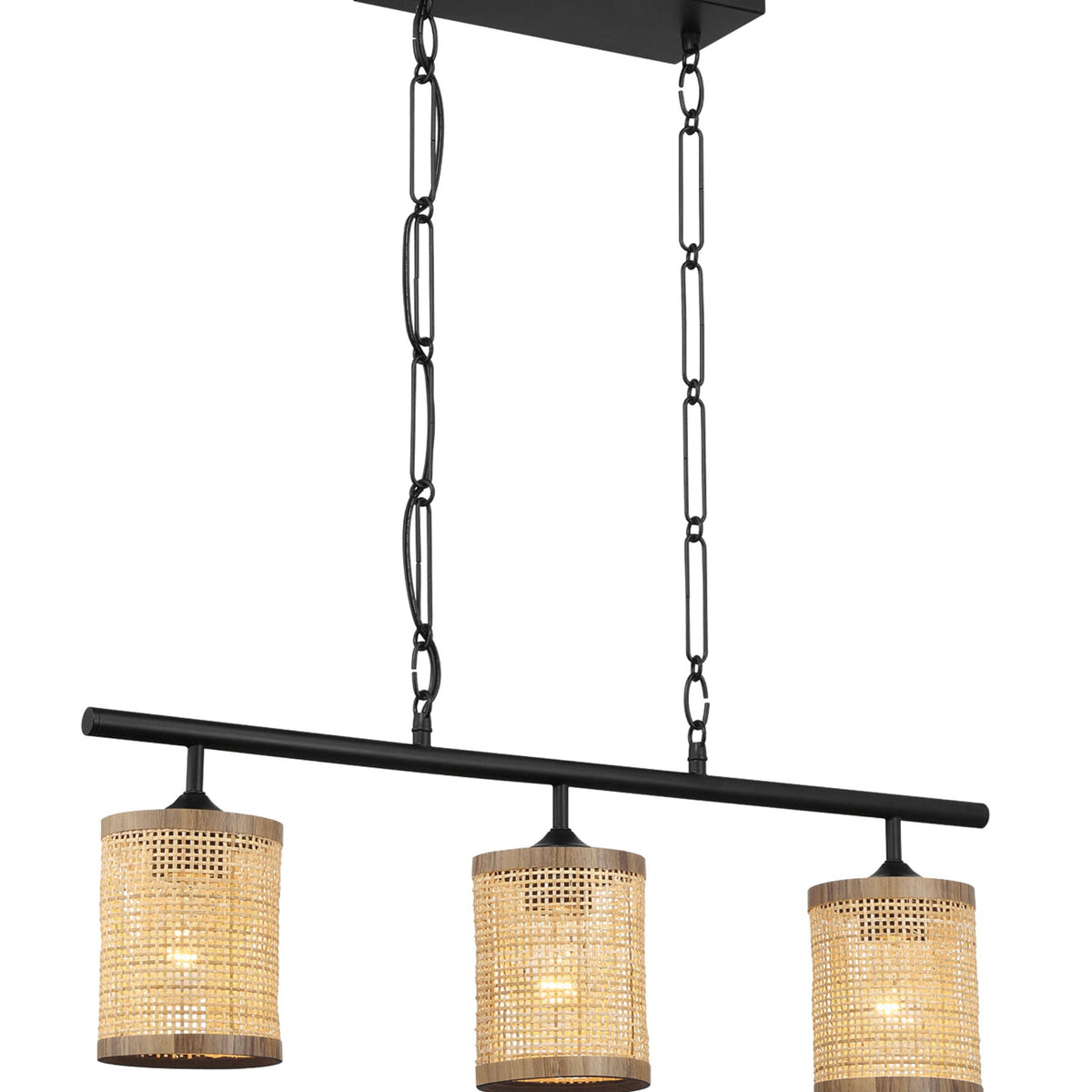 Elysian - 3 Lights Island With Natural Shade Farmhouse Chain Ceiling Lamp - Black / Rattan