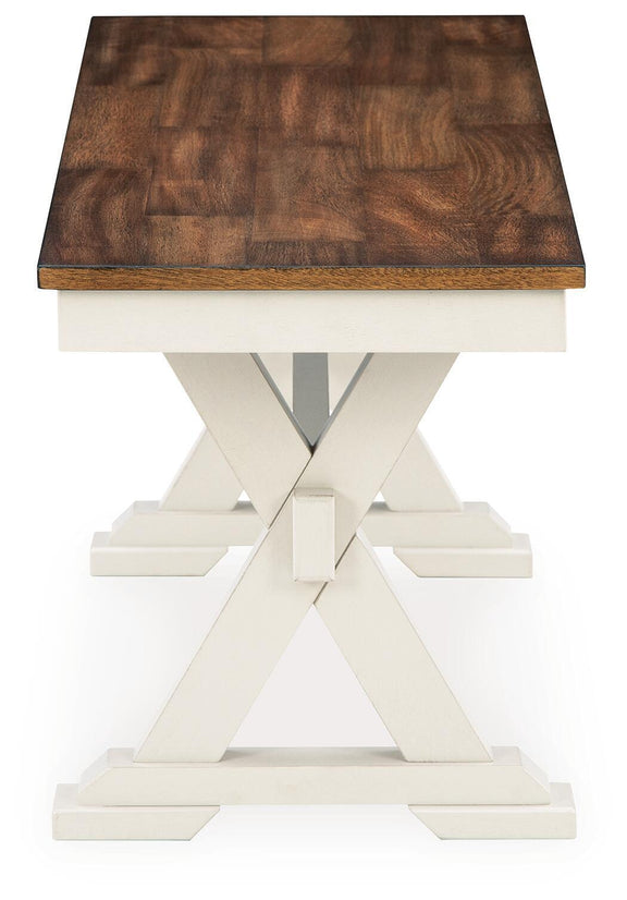 Dark brown wood tabletop dining bench with white base and crossed legs