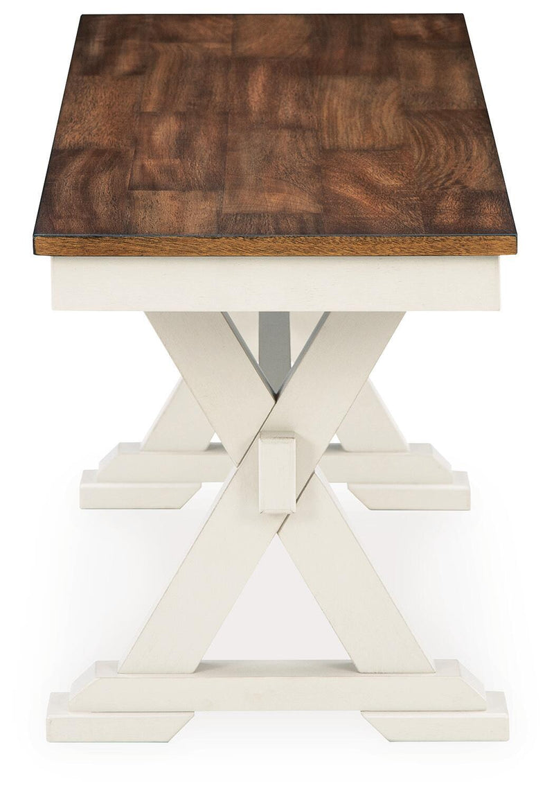 Dark brown wood tabletop dining bench with white base and crossed legs