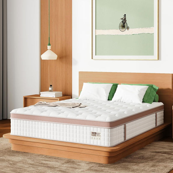 King hybrid mattress on wooden bed frame, white quilted top, gel memory foam and pocket springs