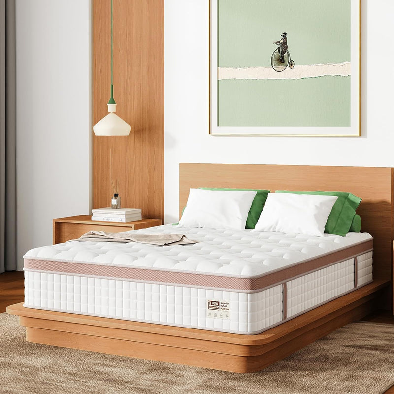 King hybrid mattress on wooden bed frame, white quilted top, gel memory foam and pocket springs