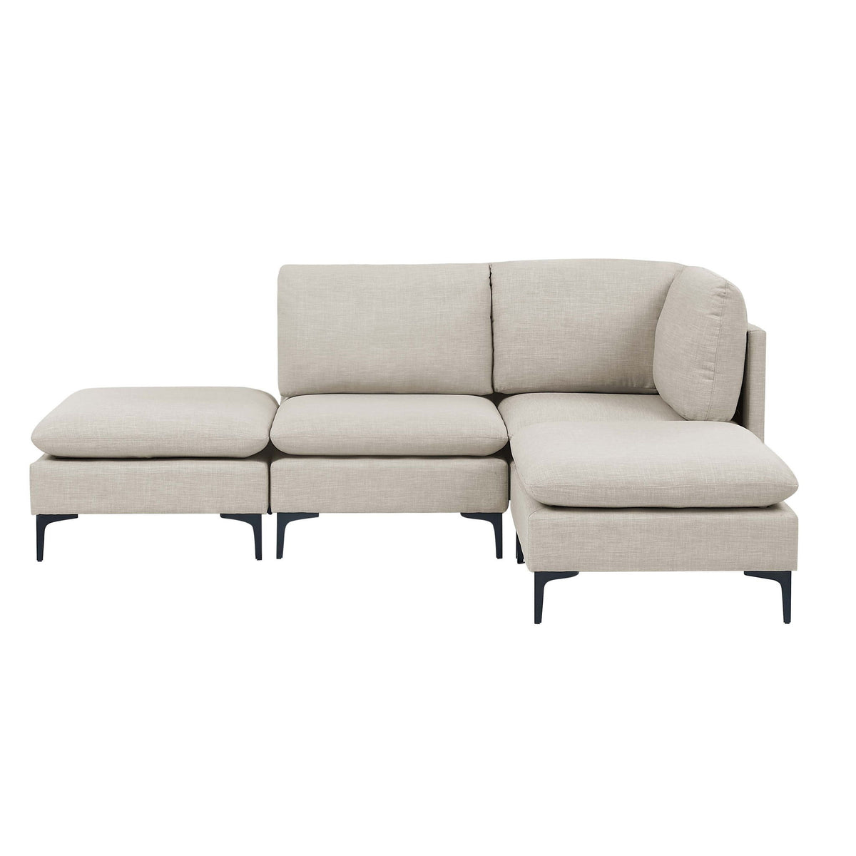 Beige upholstered modular sectional with tall legs, chaise ottoman and compact side seat