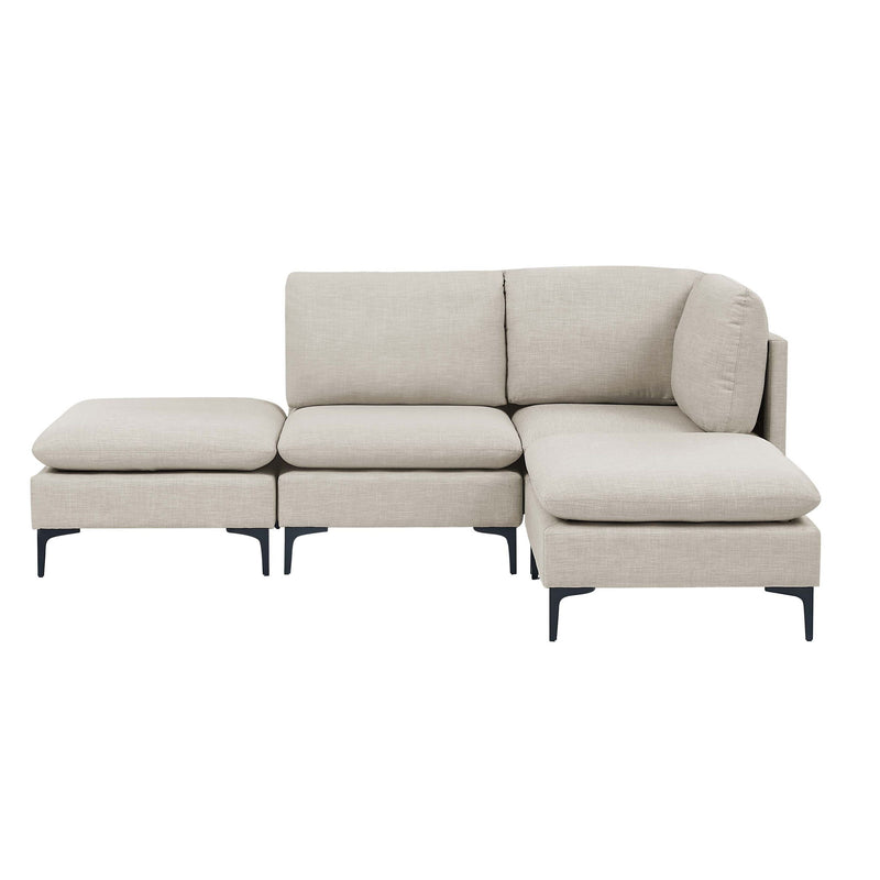 Beige upholstered modular sectional with tall legs, chaise ottoman and compact side seat