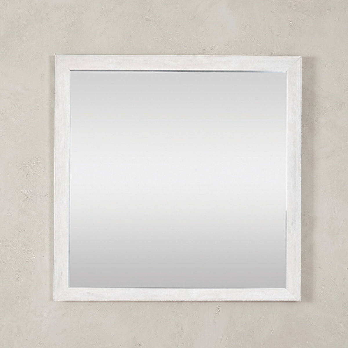 Square mirror with a light natural wood frame and rustic finish, mounted on a wall