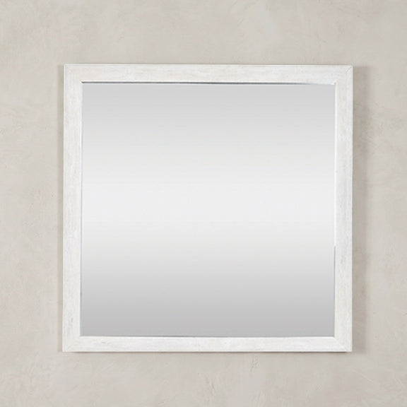Square mirror with a light natural wood frame and rustic finish, mounted on a wall