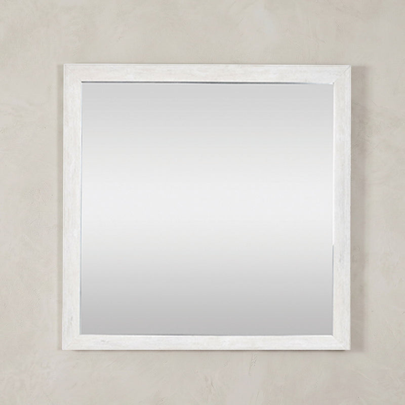 Square mirror with a light natural wood frame and rustic finish, mounted on a wall