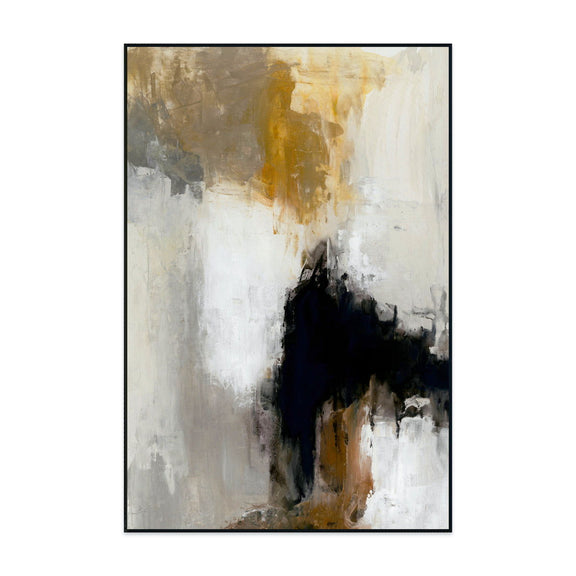 Abstract wall painting in a thin dark frame with white and gold highlights over gray