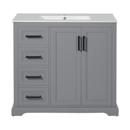 Dark gray bathroom vanity with built-in sink, three drawers, and two soft-close cabinet doors