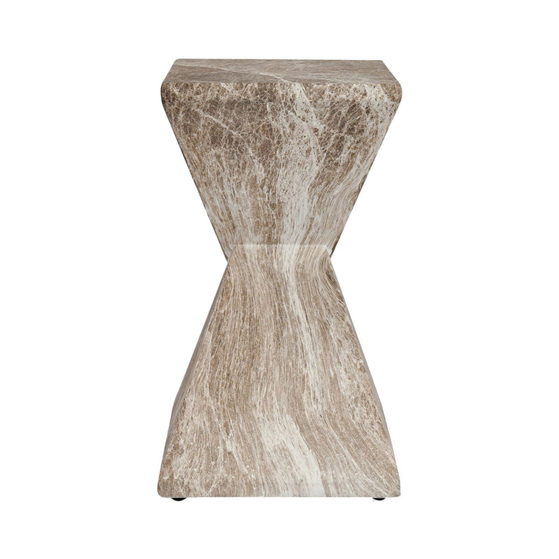 Hourglass outdoor concrete accent table in brown and ivory, narrow waist and flat base