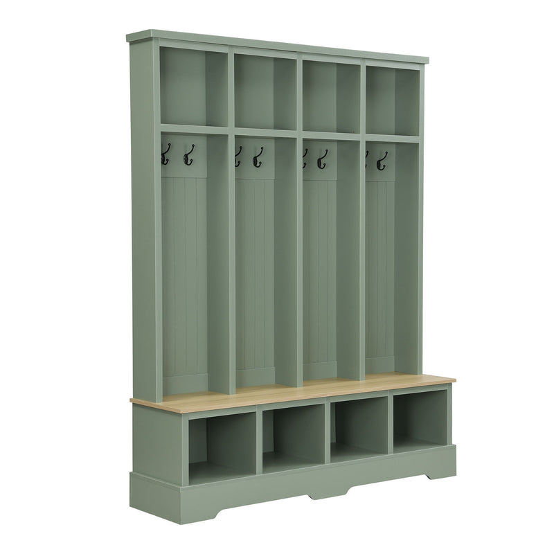 Green hall tree bench with 8 hooks, open compartments, and a light wood top.