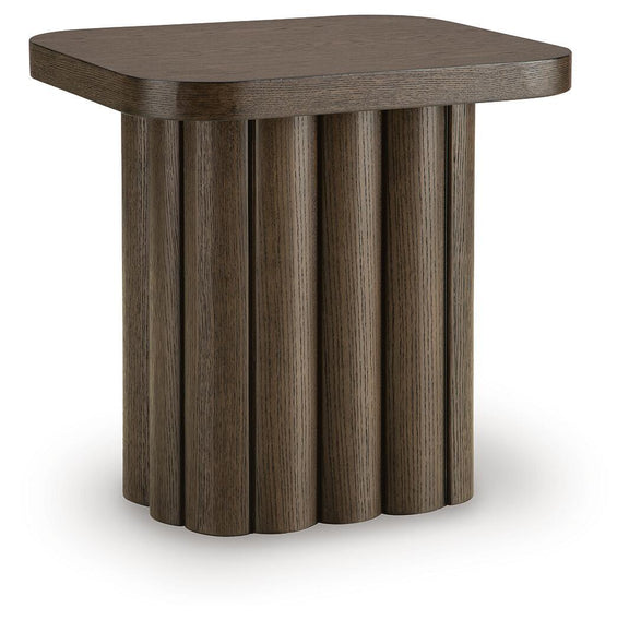 Dark brown rectangular table with vertical slatted skirt and square, rounded tabletop
