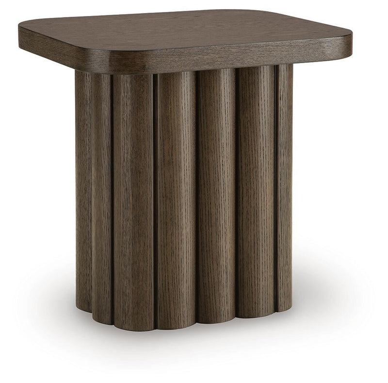 Dark brown rectangular table with vertical slatted skirt and square, rounded tabletop