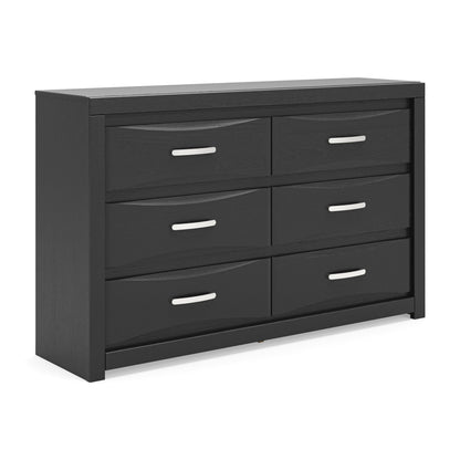 Black six-drawer dresser with six bar pull handles and wide tabletop.