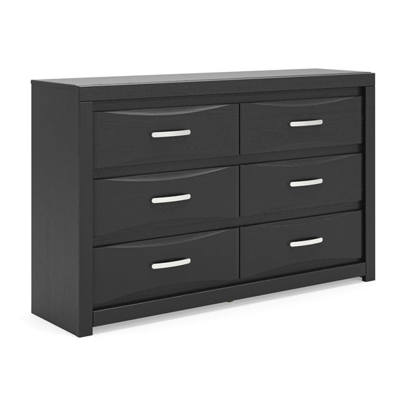 Black six-drawer dresser with six bar pull handles and wide tabletop.