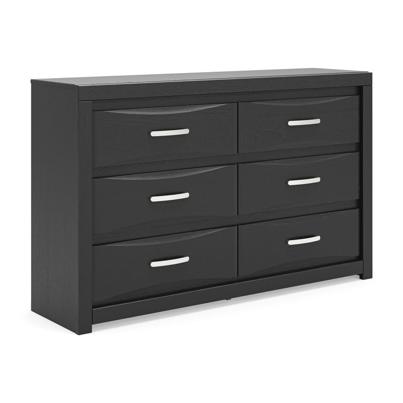 Black six-drawer dresser with six bar pull handles and wide tabletop.