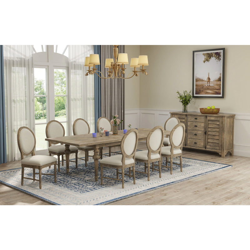 Two upholstered dining chairs with oval backs, light beige seats, distressed wood frames