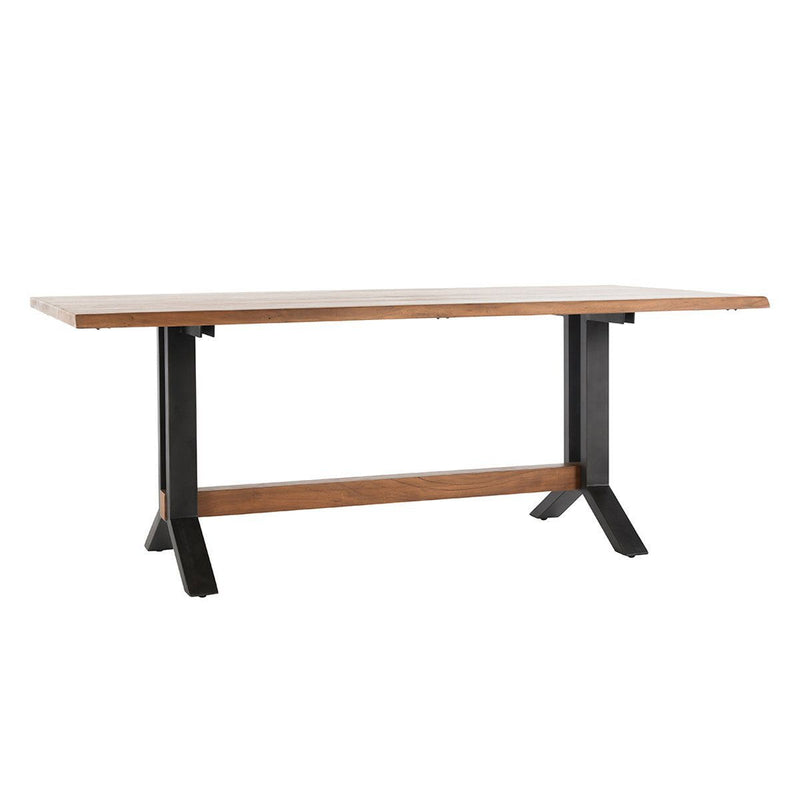 Amber brown dining table with lower shelf bar and black metal support legs
