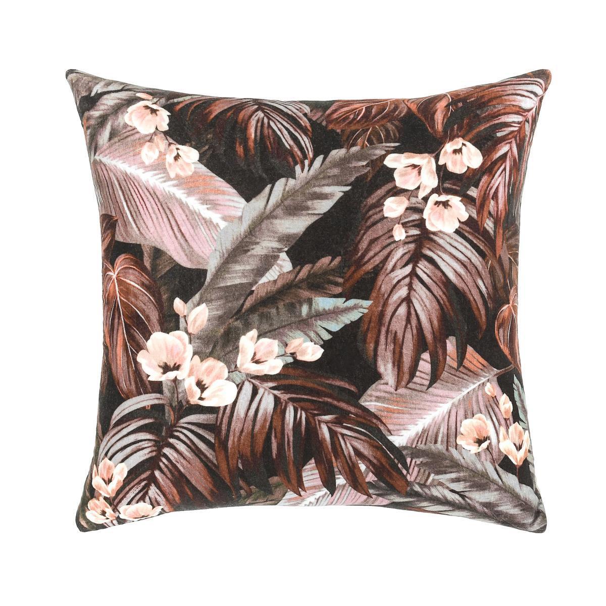 Brown tropical floral throw pillow with palm leaves and pink blossoms, square 22x22"