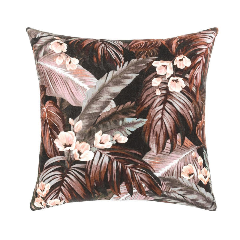 Brown tropical floral throw pillow with palm leaves and pink blossoms, square 22x22"