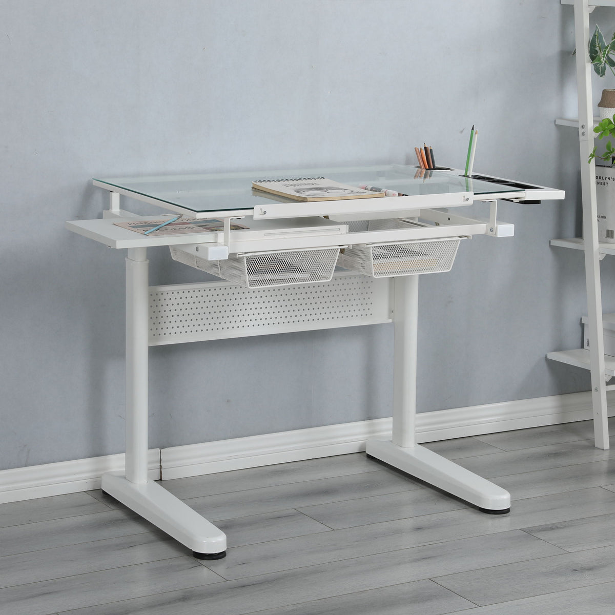 38.18" Hand Crank Adjustable Drafting Table Drawing Desk With 2 Metal Drawers With Stool