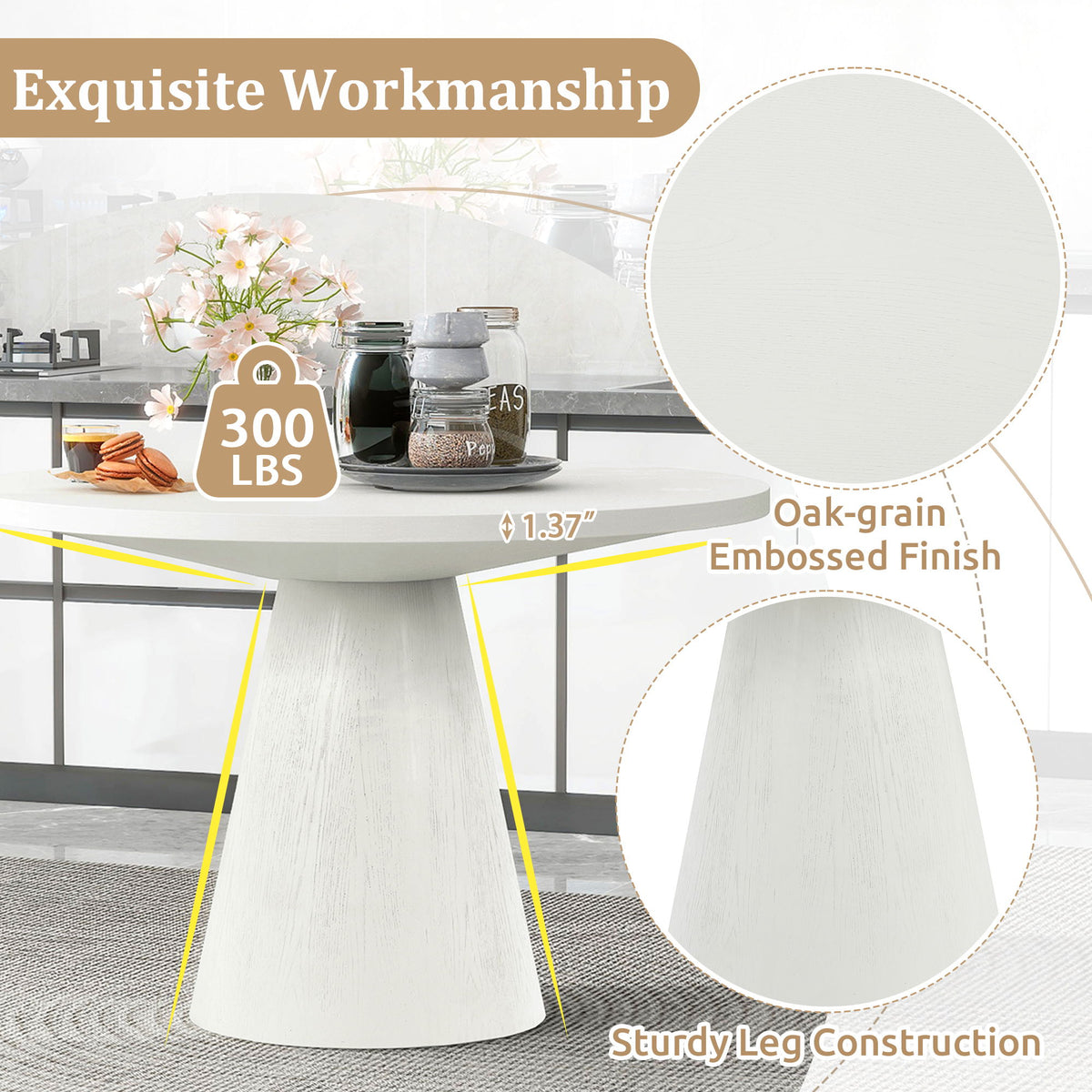 White dining table with embossed oak-grain finish and sturdy pedestal base