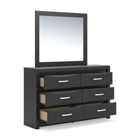 Black six-drawer dresser with mirror on top; drawers partially open with light interiors.