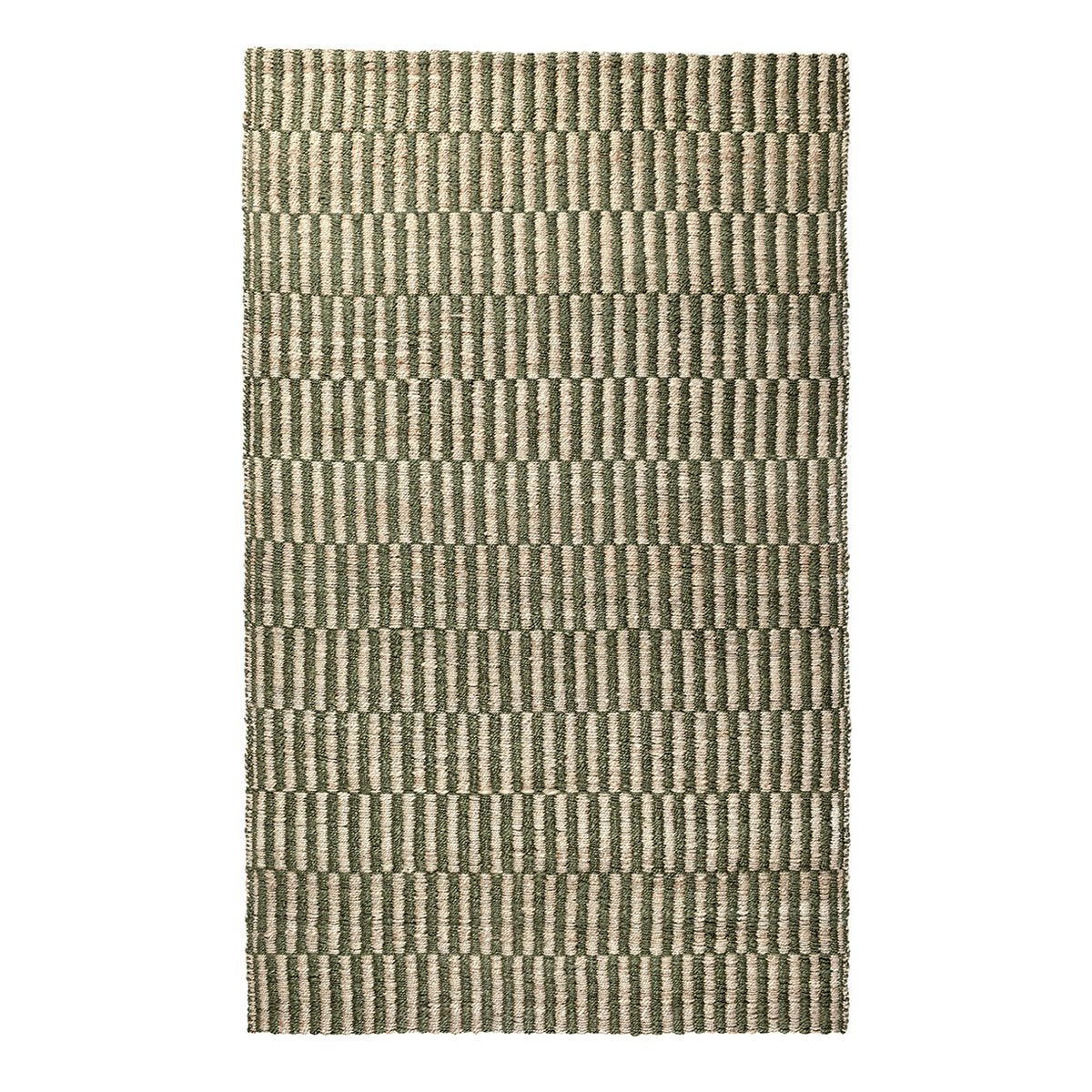 Jute rug with green and natural striped pattern, rectangular edge finish