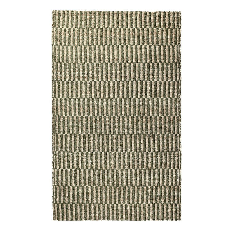 Jute rug with green and natural striped pattern, rectangular edge finish