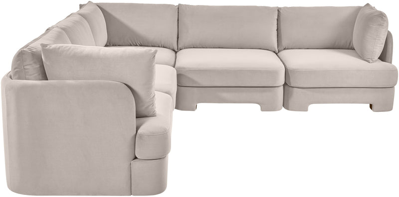 Light gray velvet corner sectional sofa with five-piece modular L-shape and cushioned arms