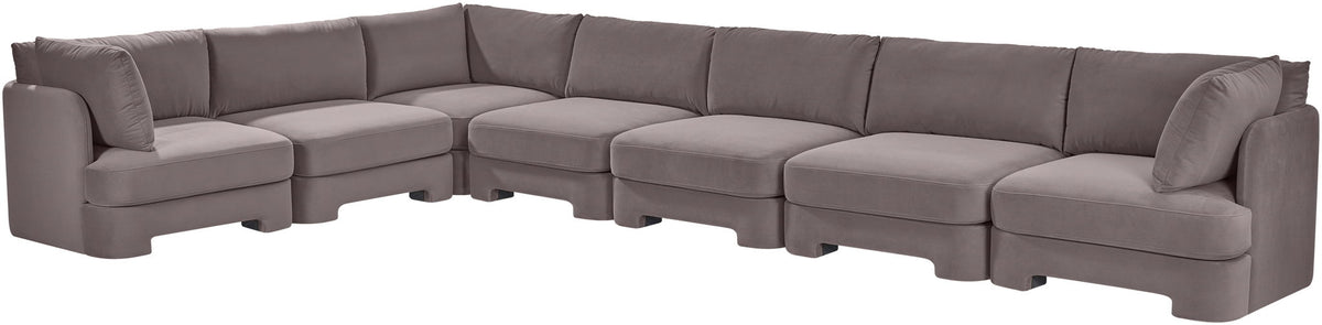 Gray velvet performance fabric sectional sofa, 7-piece modular layout with wide armrests