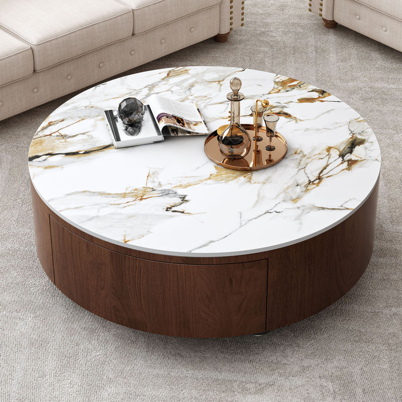 Round Coffee Table With 2 Drawers For Living Room - Walnut Brown / White / Multi