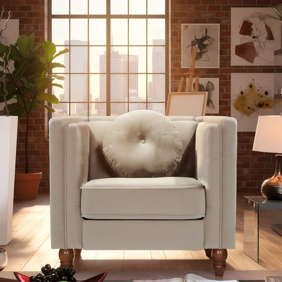 White tufted square-arm accent side chair with cushioned seat and back