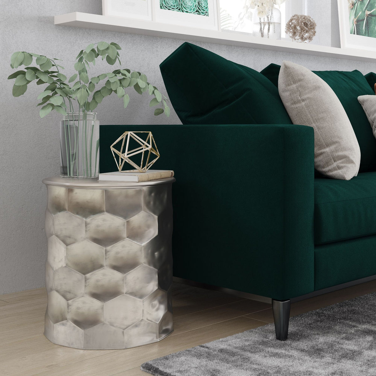 Round pearl silver metal storage drum table with faceted hex pattern