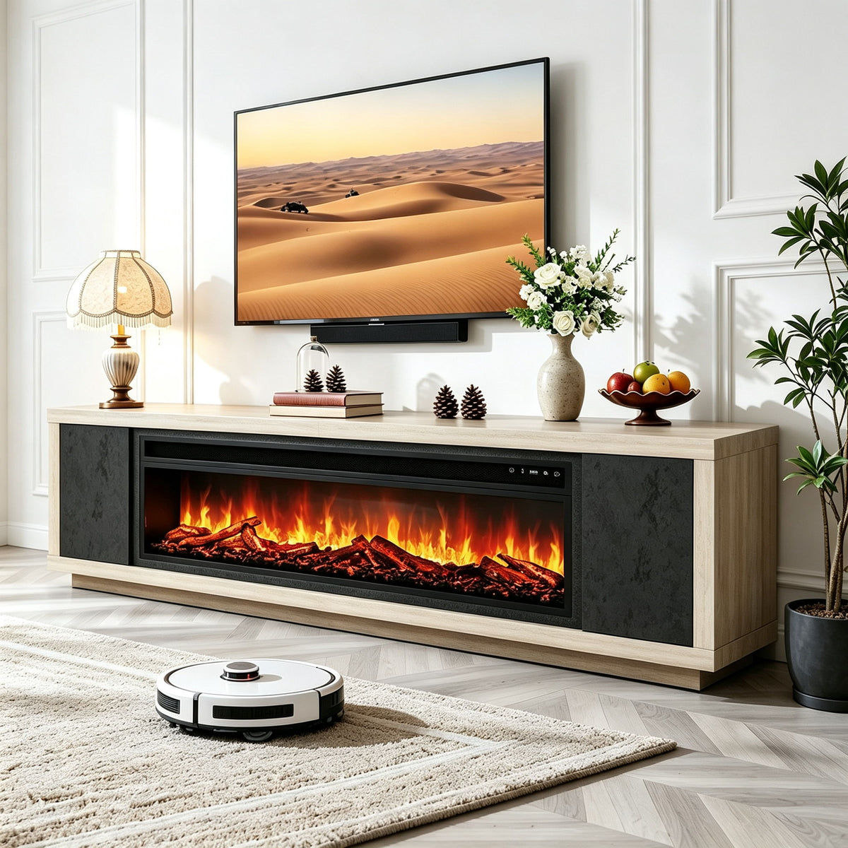Beige & black fireplace TV stand with electric firebox and flat top surface