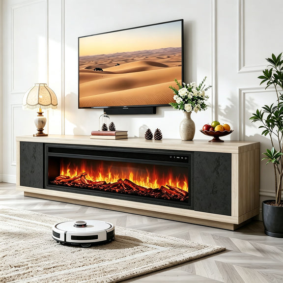 Beige & black fireplace TV stand with electric firebox and flat top surface