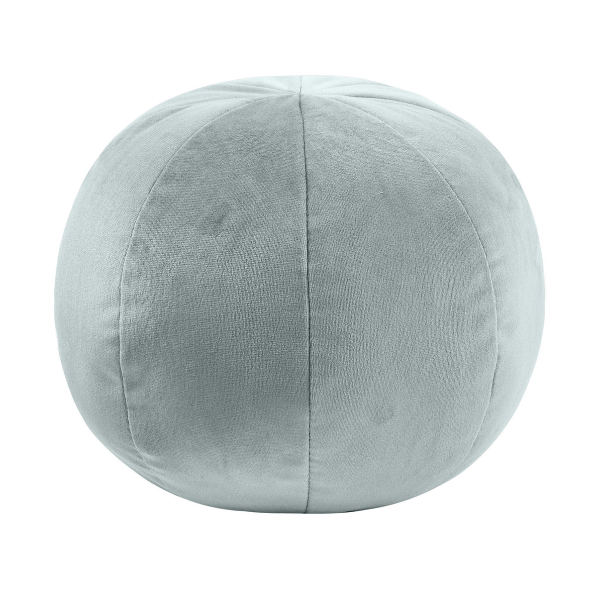 Round pillow in light gray-blue fabric with vertical seam panel.