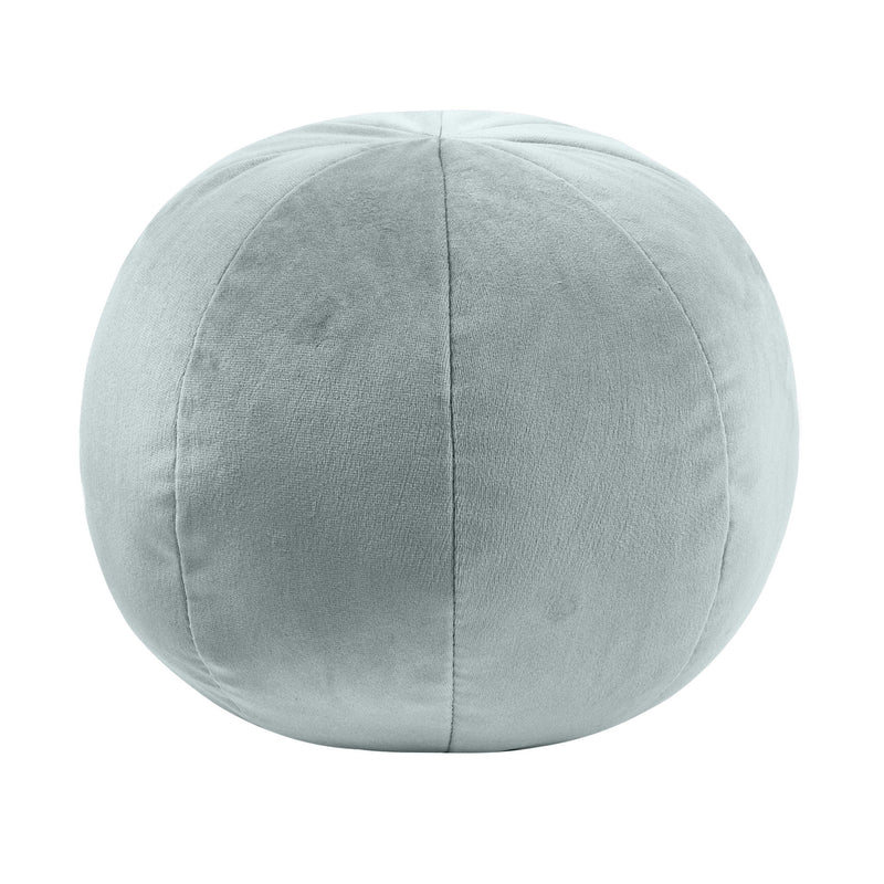 Round pillow in light gray-blue fabric with vertical seam panel.