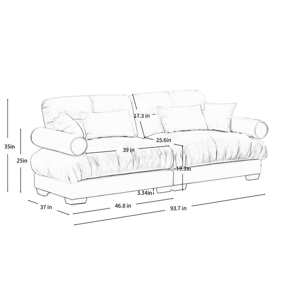 White line drawing of an oversized sofa with tufted cushions and side bolster arms