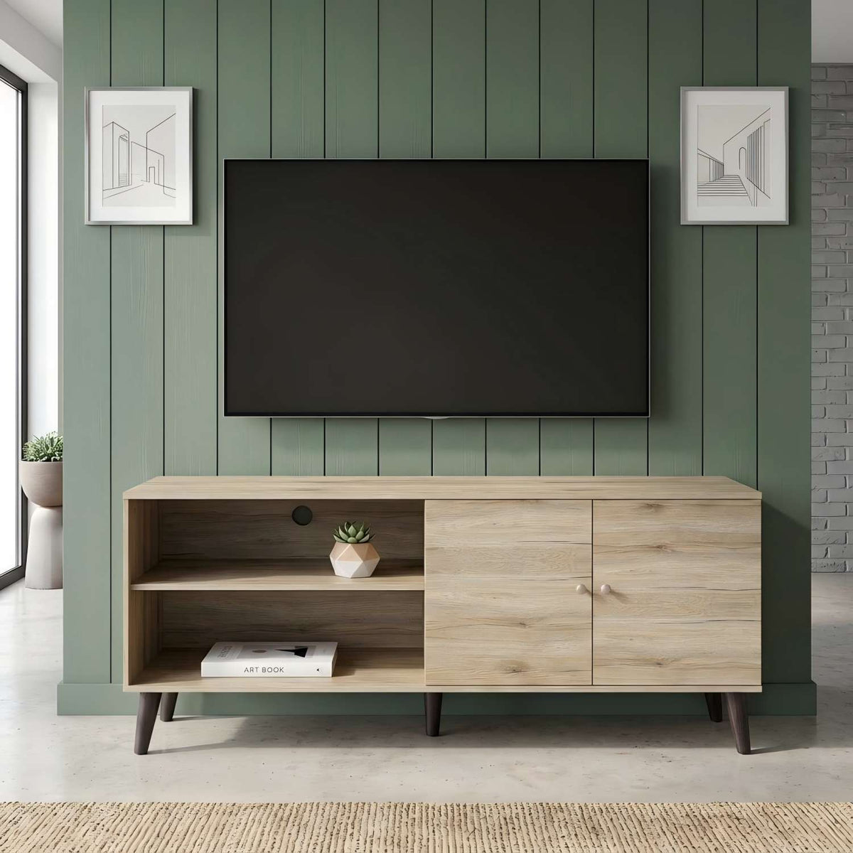 Light wood TV stand with open media shelf and two-door cabinet, storage shelves, dark legs.