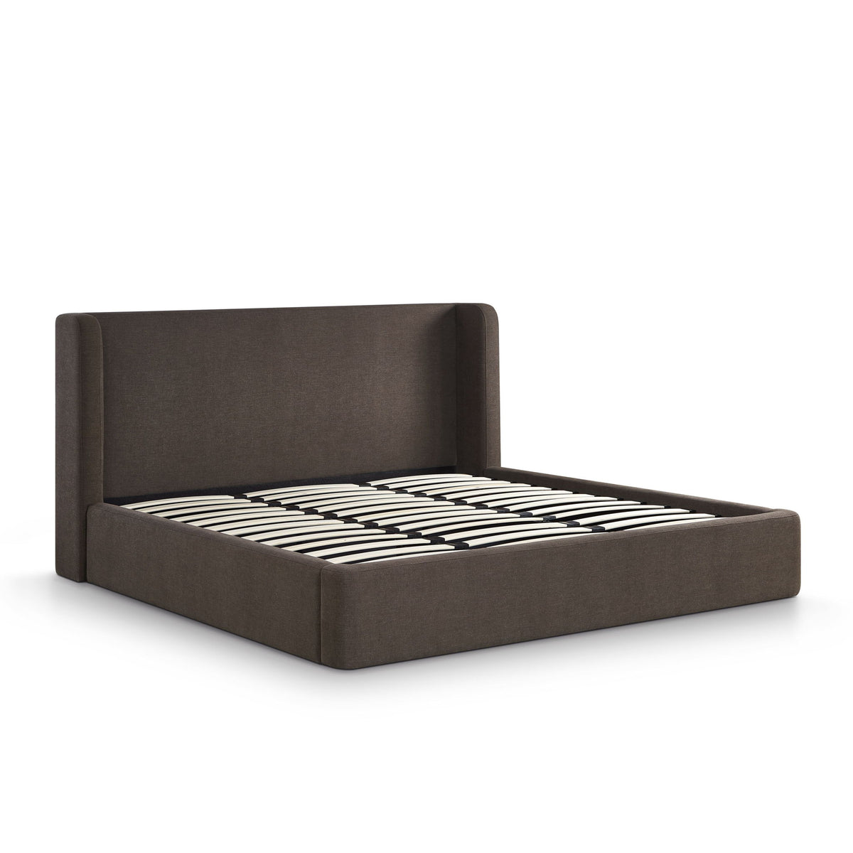 Upholstered platform bed with tall headboard, dark brown fabric frame and skirted base