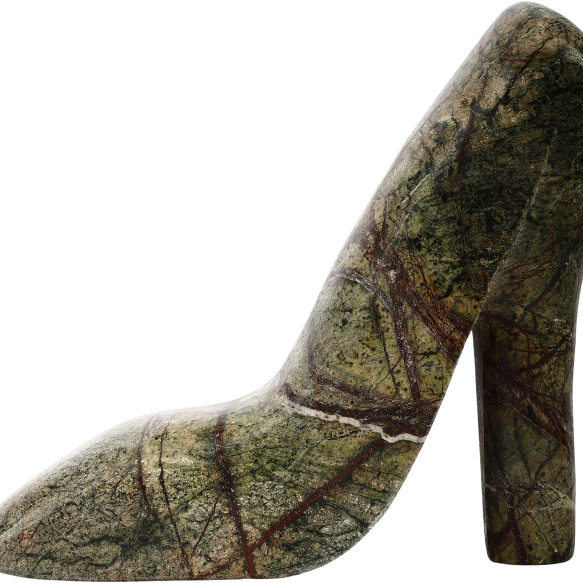Green marble high-heel shoe sculpture with detailed veining and tall block heel