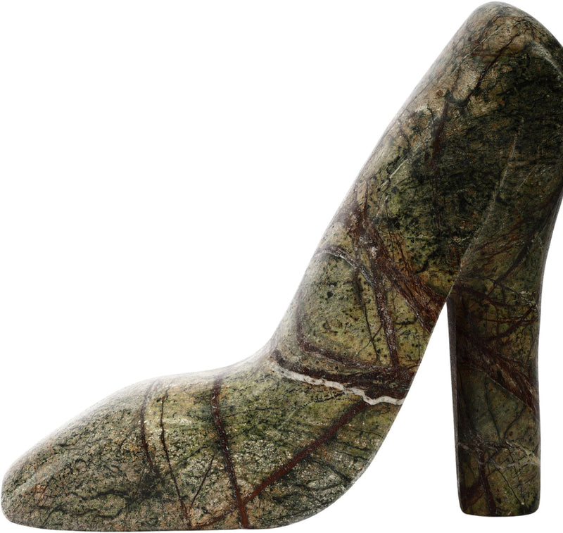 Green marble high-heel shoe sculpture with detailed veining and tall block heel